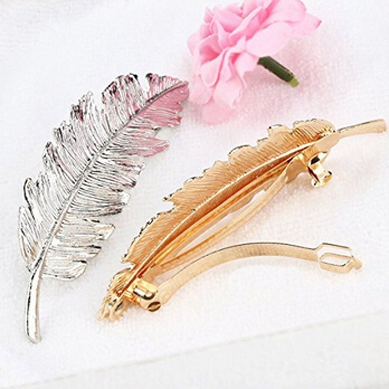 Suoirblss 2 PCS Metal Leaf Feather Hair Clip Wedding Women Hairpin Hair Claw Barrettes (Silver) - Image 3